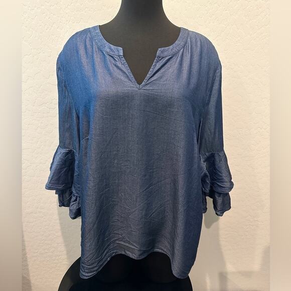 ANN TAYLOR FACTORY | Blue Lyocell Ruffle Sleeve Blouse Top | XL - Picture 3 of 7